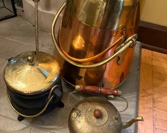  018 Brass And Copper Pot And Other Fireplace Accessories
