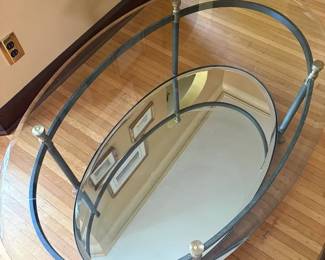  011 Oval Glass And Metal Frame Table With Mirrored Lower Shelf