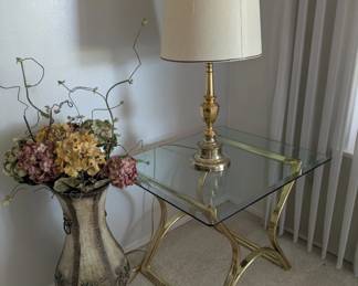 Pair MCM Brass Glass top Tables
