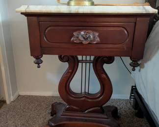 Pair Mahogany Marble Top Lyre Side Table