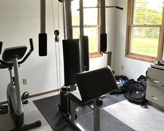 Home gym and exercise bike. Loads of luggage and other travel items.