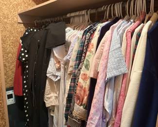 HUGE collection of women's clothing and accessories including robes, long and short sleeved pajamas, high-end fashion classic dresses, business suits, skirts, blazers, shells, sweaters, formal gloves, vintage hats, slacks, purses and more.