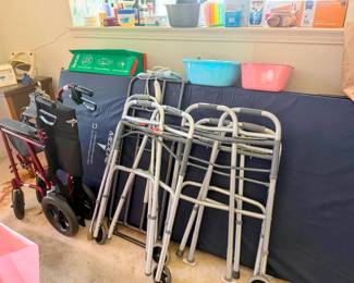 medical: hospital bed (only used for a week), walkers, transport chair, support and transfer pillows and first aid supplies. Also unopend packages of women's adult disposable underpants. All medical items have been cleaned and sanitized with bleach and lysol.
