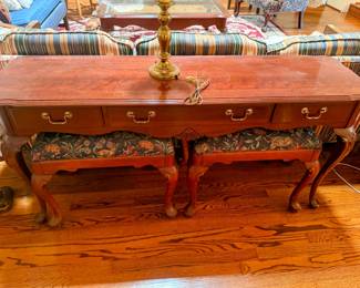 Ethan Allen sofa table with matching tapestry benches