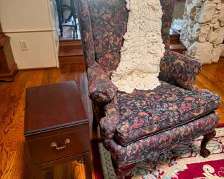 tapestry winged chair and chest style side table