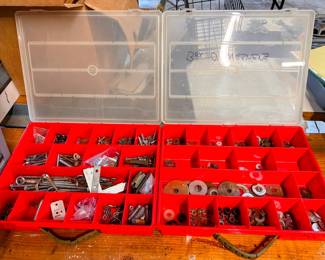 Two organized hardware/small parts organizers fill with assorted screws, washers, brackets and miscellaneous fasteners, Great garage, workshop, handyman, or DIY supply lot. Four others are available in different styles, all filled. 