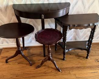 Assorted vintage wood accent tables and plant stands in various sizes and styles. Great for side tables, display pieces, lamps, plants, or small spaces. 