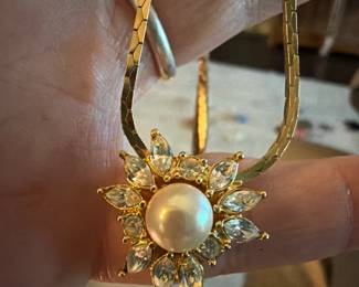 Christian Dior matching necklace with faux pearl centerpiece and sparkling rhinestone-style accents. A beautiful vintage designer set that adds instant elegance to formalwear, holiday outfits, or a classic black dress. 