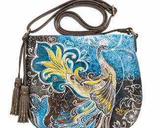 226 126Asharifhandpaintedleathercrossbodypeacock