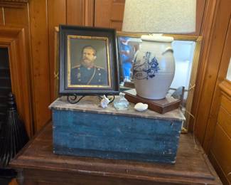 Military painting, salt glaze lamp and blue milk paint chest