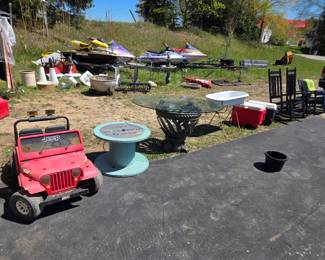kids jeep, tables, coolers, rocking chairs