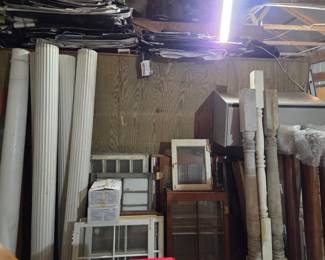 Alum pillars, wood pillars, old windows, shelving unit for garage (4)