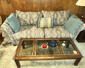 PILLOW-BACK SOFA, GLASS TOP COFFEE TABLE