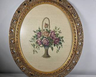 Antique Oval Framed Floral Embroidery