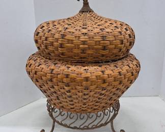 Woven Basket With Metal Scroll Base
