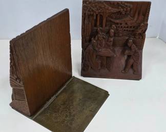 Carved Wood and Brass Bookends