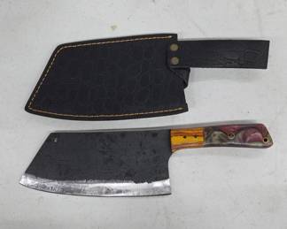 Handmade Damascus Cleaver With Custom Leather Sheath