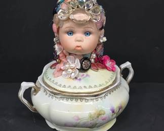 Porcelain Sugar Bowl With Embellished Doll Top