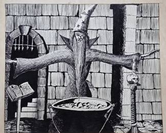 Artist-Signed Drawing of Wizard Scene