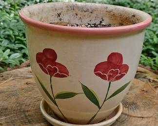 HandPainted Red Floral Planter with Saucer