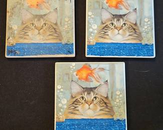 Cat and Goldfish Coasters Set