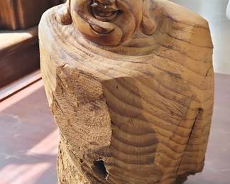 Rustic Carved Wood Laughing Buddha
