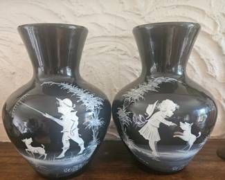 Pair of Mary Gregory Black Vases