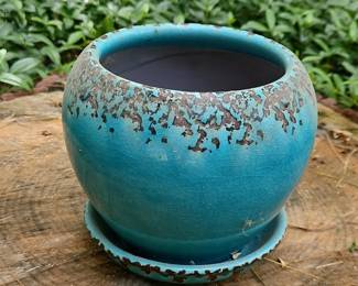 Turquoise Crackle Glaze Planter with Saucer