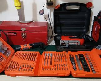 Black and Decker drill set, jigsaw misc tools