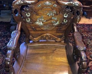 Incredible 10 piece Indo-Chinese mother of pearl inlaid Rosewood suite of furniture. My client inherited this from her family and brought it back from Vietnam 40-50 years ago. Its age is around 100 years old.