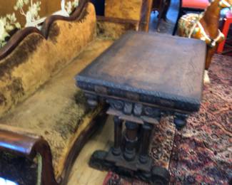 Empire sofa in original fabric free to good home! Antique carved oak table.