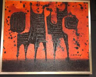 Mid Century Modern Brutalist oil on canvas signed Luzon. I found a description of a Luzon painting that someone else had“ . Bio card on the reverse discusses Luzon's work as an archaeologist in the Mediterranean and Middle-East.”