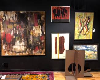 Wonderful selection of MCM oils on canvas, large steel floor sculpture 