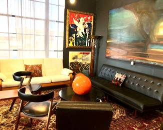 Milo Baughman long black vinyl sofa with a matching chair