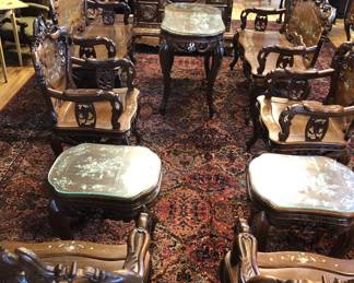 Incredible 10 piece Indo-Chinese mother of pearl inlaid Rosewood suite of furniture. My client inherited this from her family and brought it back from Vietnam 40-50 years ago. Its age is around 100 years old.