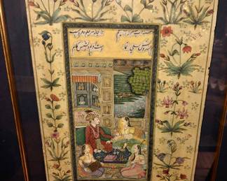 19th c. Mughal miniature depicting a royal couple in a garden