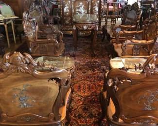 Incredible 10 piece Indo-Chinese mother of pearl inlaid Rosewood suite of furniture. My client inherited this from her family and brought it back from Vietnam 40-50 years ago. Its age is around 100 years old.