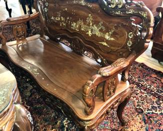 Incredible 10 piece Indo-Chinese mother of pearl inlaid Rosewood suite of furniture. My client inherited this from her family and brought it back from Vietnam 40-50 years ago. Its age is around 100 years old.