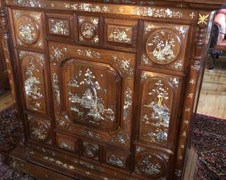 Incredible 10 piece Indo-Chinese mother of pearl inlaid Rosewood suite of furniture. My client inherited this from her family and brought it back from Vietnam 40-50 years ago. Its age is around 100 years old.