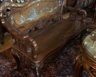Incredible 10 piece Indo-Chinese mother of pearl inlaid Rosewood suite of furniture. My client inherited this from her family and brought it back from Vietnam 40-50 years ago. Its age is around 100 years old.
