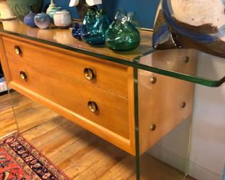 Interesting MCM wood glass & brass accented 2 drawer console table 