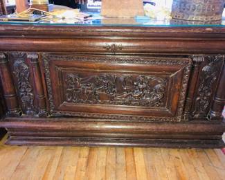 Antique oak carved desk with a hidden chest compartment in front