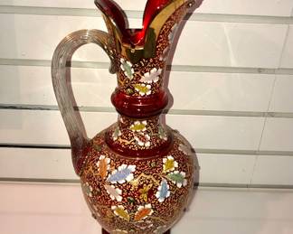Amazing 15” Moser Antique Bohemian Gilt And Enamelled Cranberry Art Glass Ewer