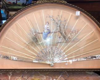 Hand painted French MOP fan in case