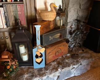 wood crates, boxes, books, decor