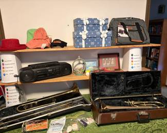Trombones, boom box, hats