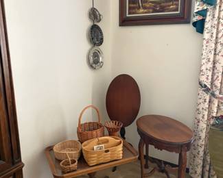baskets, tilt table, Duncan Phyfe style side table