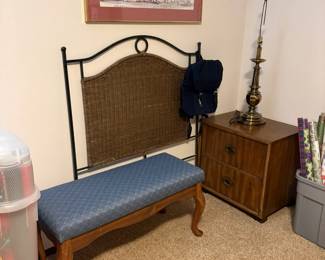 wicker head board, bench, night stand, wall decor