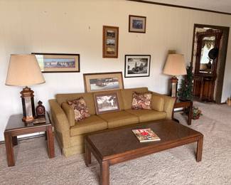 vintage sleeper sofa, living room tables, lamps, decor