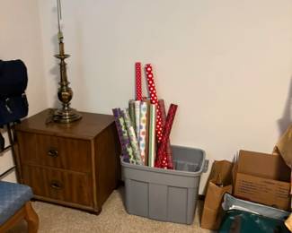 wrapping paper, night stand, lamp